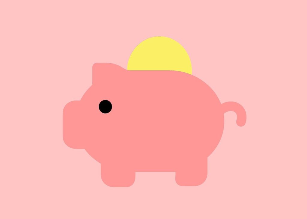 An illustratation of a coin going into a piggy bank.