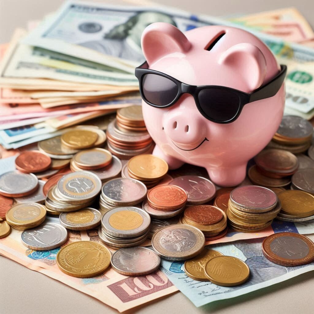 A smiling piggy bank with sunglasses is on a bank notes and coins. 