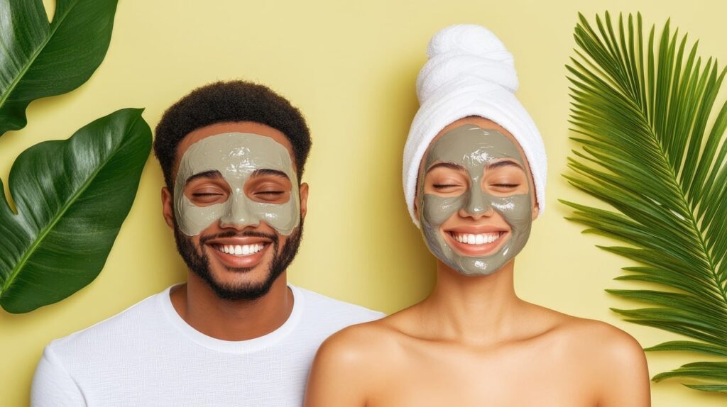 A couple smiles as the stand side by side with facial mud masks on their faces as they know how to afford personal care. 