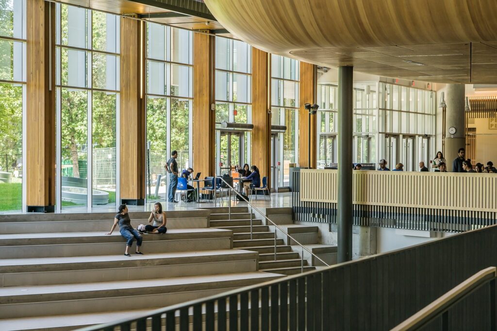 Students take a break inside their college. 