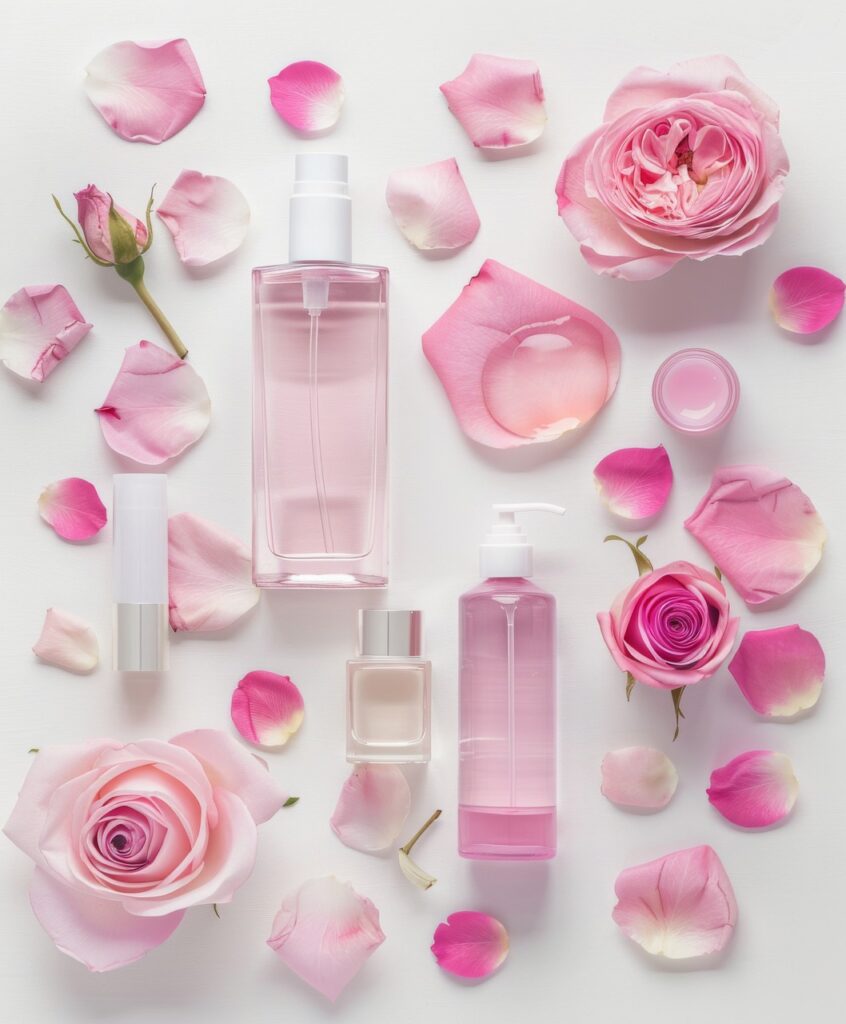 Rose petals, bottles of spray and oil against a white background. 