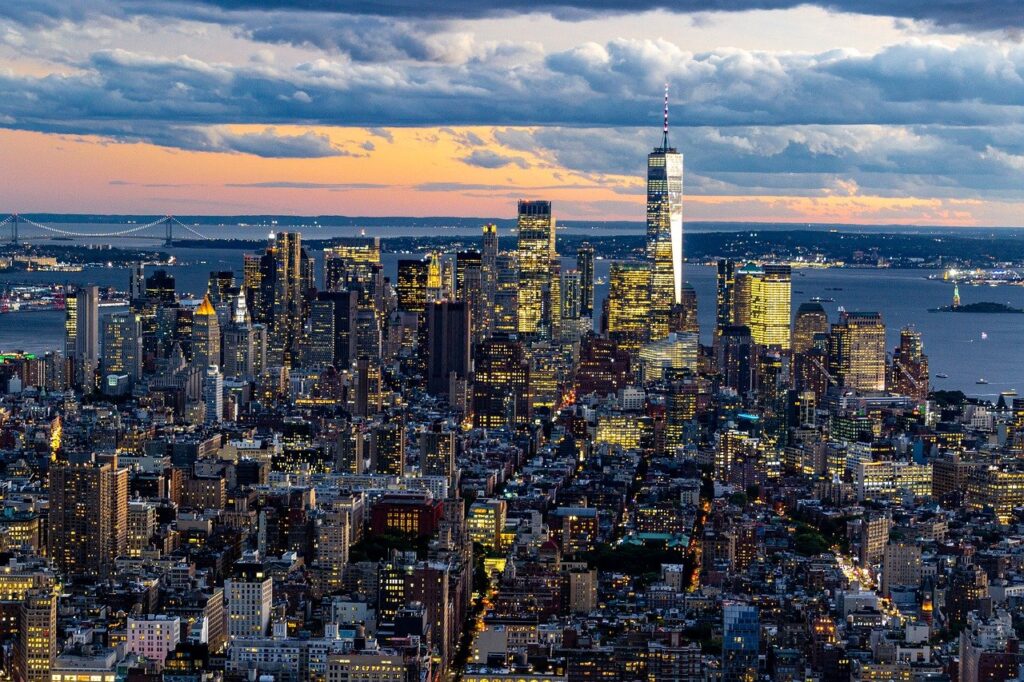 An aerial view of New York City at night. 