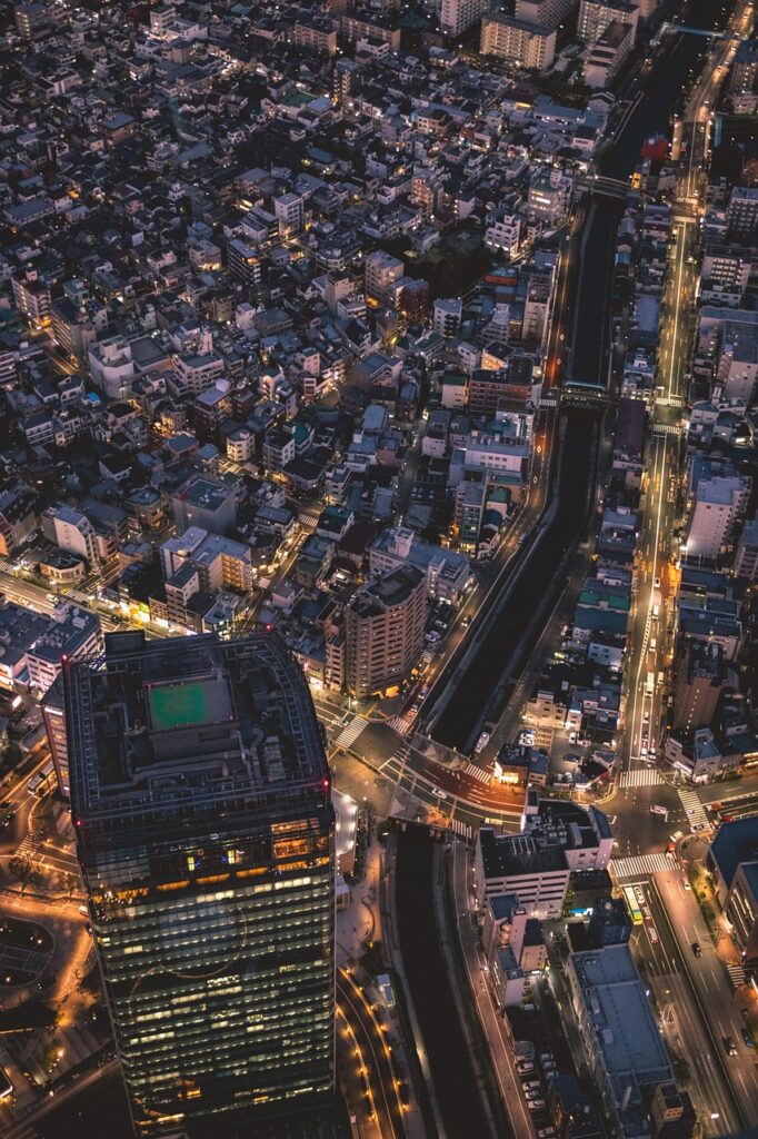 Aerial view of a major city. 