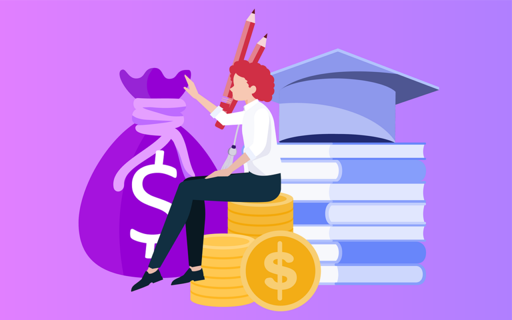 An illustration of a college graduate surrounded by a stack of books and money. 